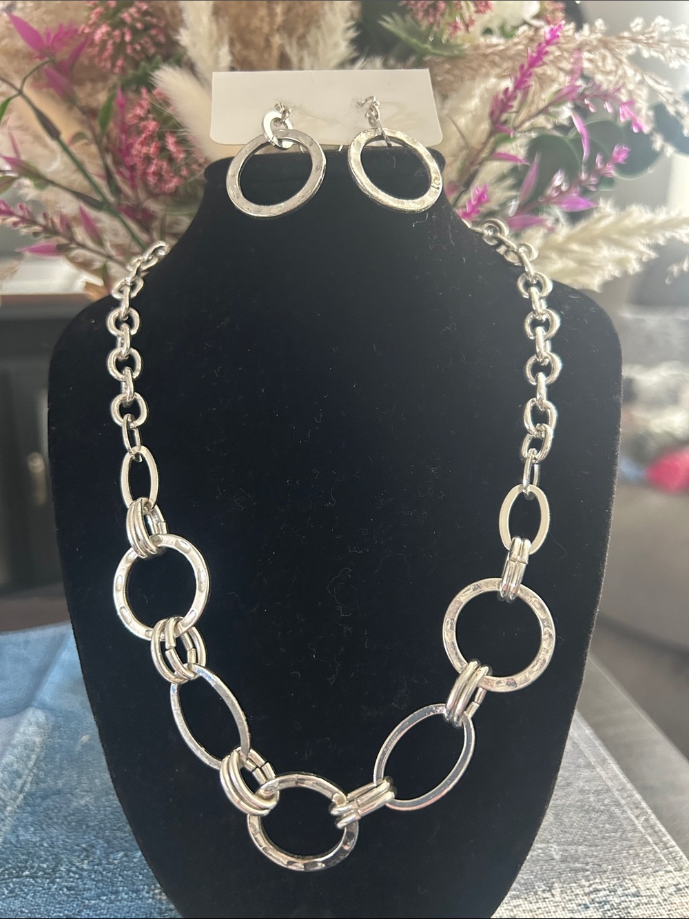 Silver-Tone Linked Circle Necklace with Matching Earrings